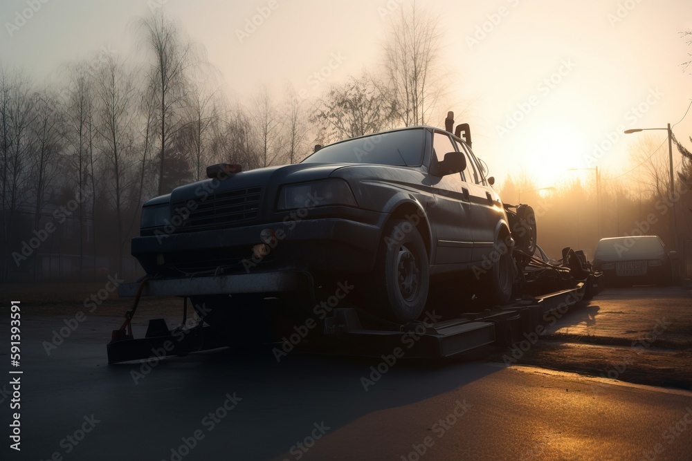  a truck with a flat bed is being towed by a tow truck on a foggy day in the sunlit area of a reside