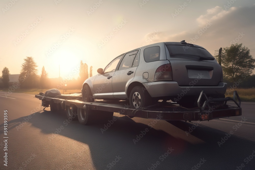  a car being towed down the road by a flatbed truck on a flatbed trailer with the sun setting in the