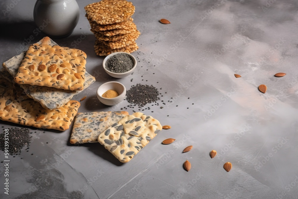  a table topped with crackers and a cup of coffee next to a vase filled with seeds and a bowl of bla