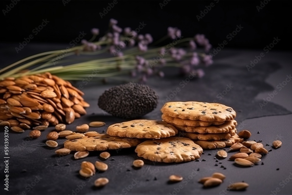  a pile of cookies next to a bunch of dried lavenders and a pine cone on a black surface with a blac