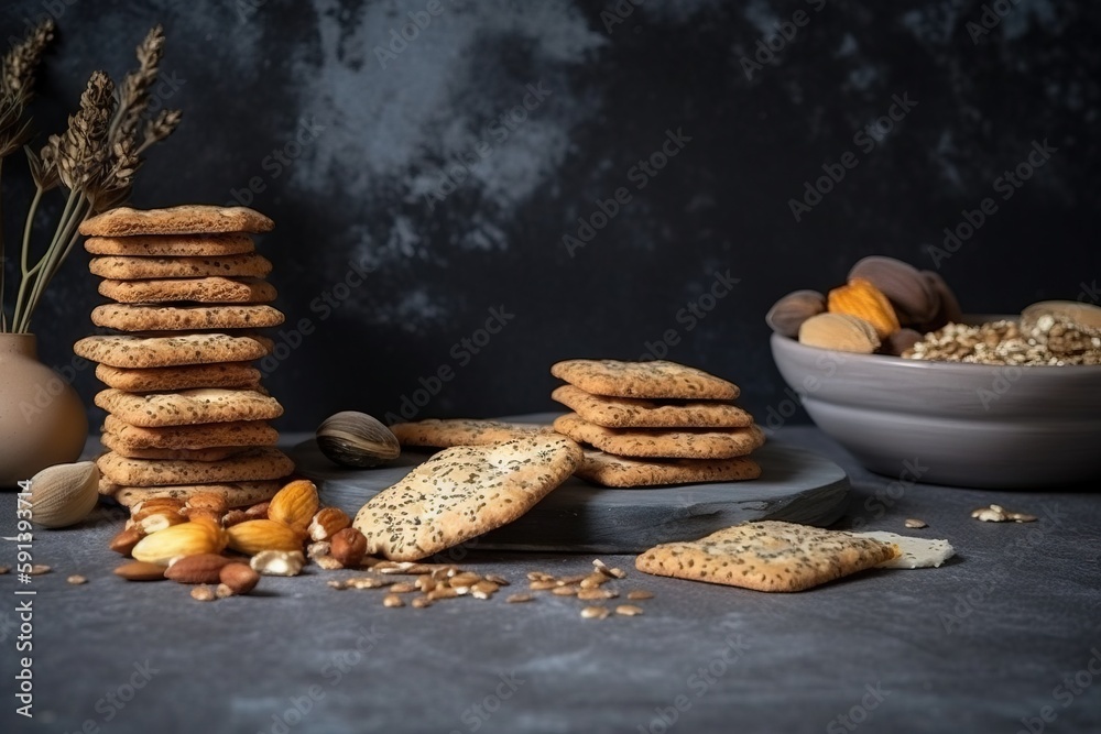  a table topped with a plate of cookies and a bowl of nuts and a vase with flowers in it and a bowl 