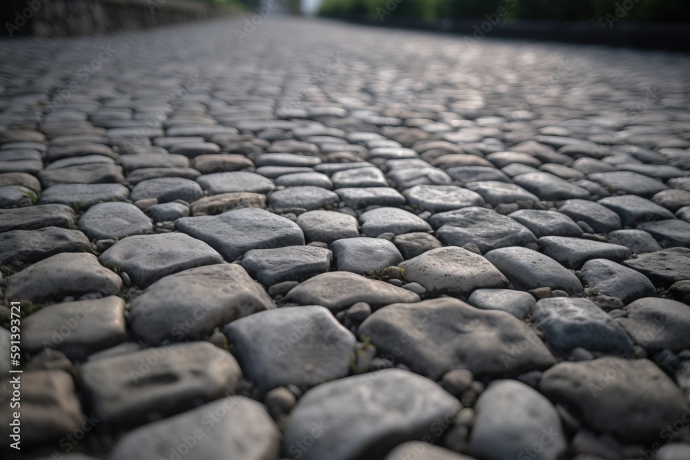  a cobblestone road with grass and trees in the background and a person walking on the side of the r