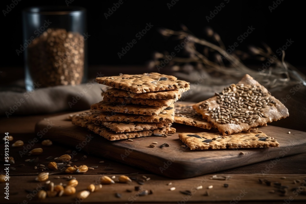  a stack of crackers sitting on top of a wooden cutting board next to a glass of milk and oatmeal on