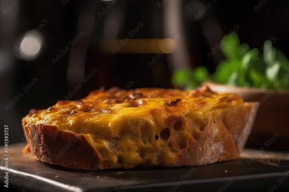  a close up of a piece of bread on a tray next to a salad leaf and a glass of wine on a table in a d