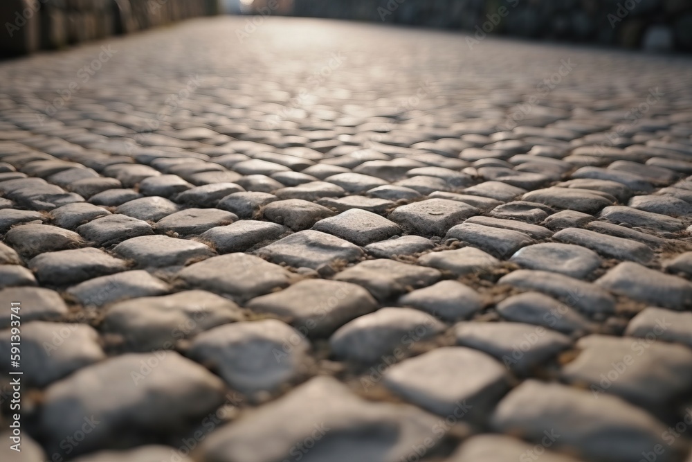  a cobblestone street with a light shining on the ground in the background and a person walking on t