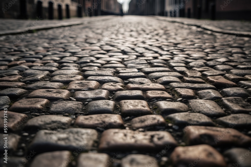  a cobblestone street with a person walking down it in the distance in the distance is a building an