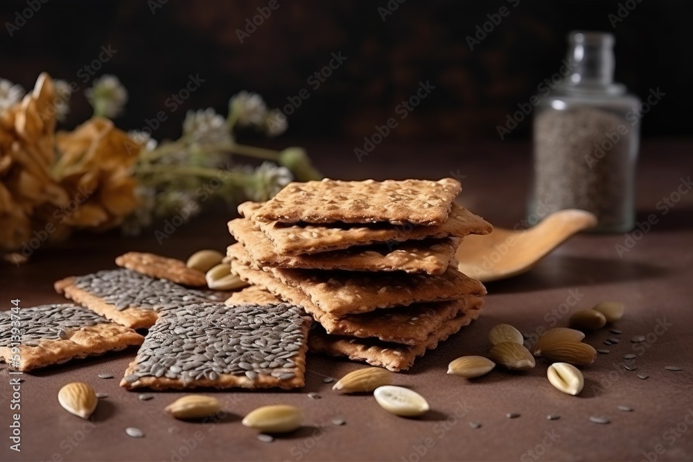  a pile of crackers sitting on top of a table next to a bottle of wine and a wooden spoon filled wit