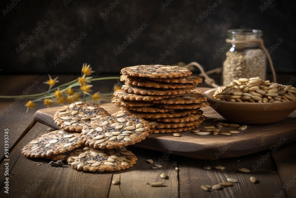  a pile of cookies sitting on top of a wooden cutting board next to a bowl of oatmeal and a jar of s