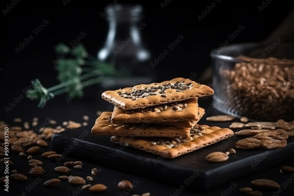  a pile of crackers sitting on top of a black plate next to a bowl of nuts and a sprig of green leav