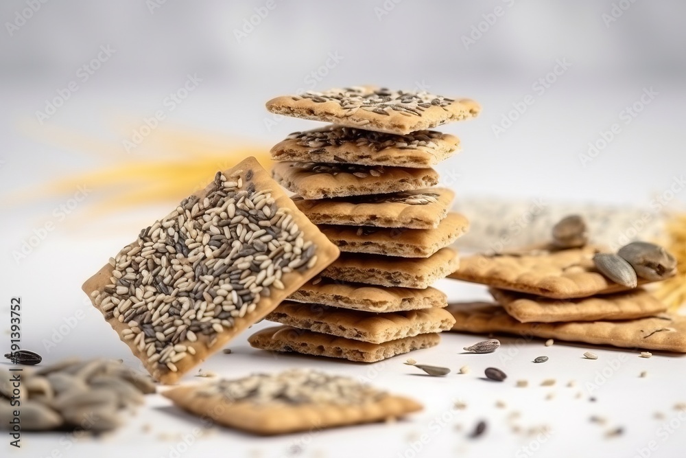  a stack of crackers with seeds and seeds on top of it and a bag of seeds next to it on a white surf