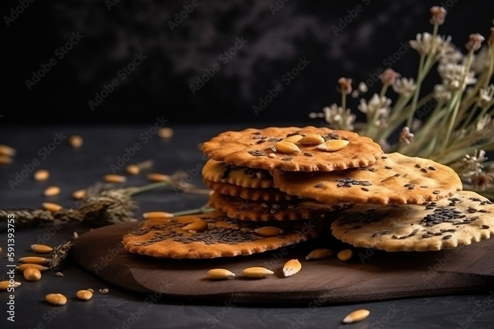  a pile of cookies sitting on top of a wooden cutting board next to a bunch of flowers and a bunch o