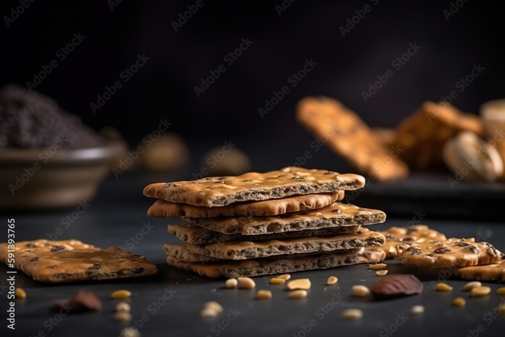  a stack of cookies sitting on top of a table next to a bowl of nuts and a bowl of chocolate chips o