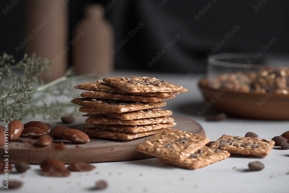  a stack of cookies sitting on top of a wooden plate next to a bowl of nuts and a glass of water on 