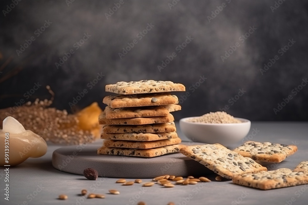  a stack of crackers sitting on top of a table next to a bowl of nuts and a bowl of seeds on a plate