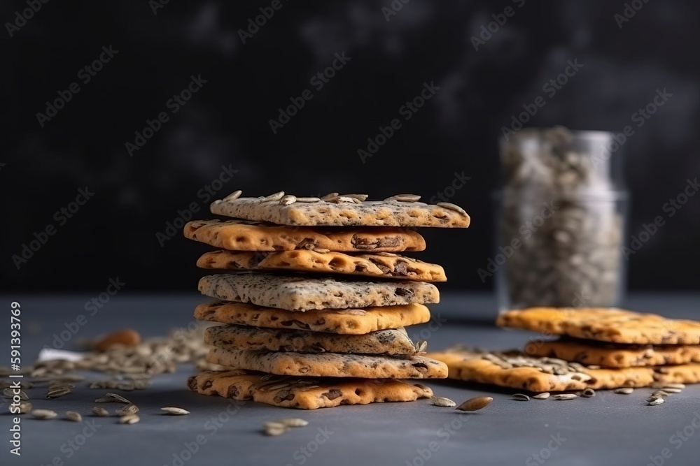  a stack of cookies sitting on top of a table next to a jar of oatmeal and a glass of milk on a tabl