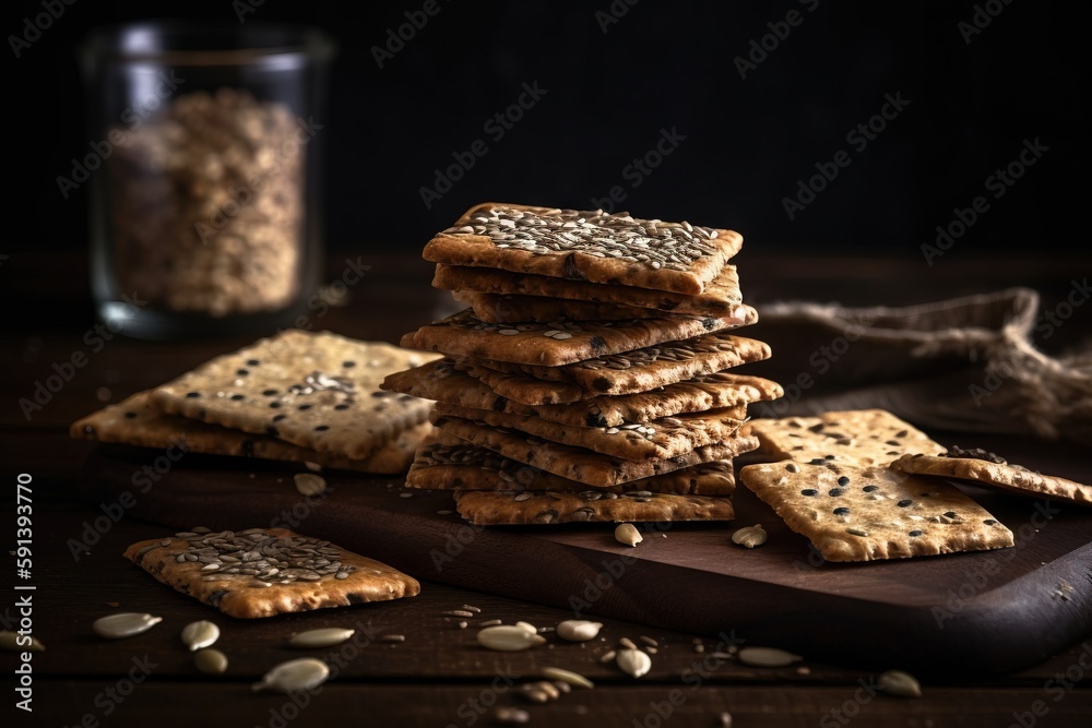  a stack of crackers sitting on top of a wooden cutting board next to a glass of milk and oatmeal on