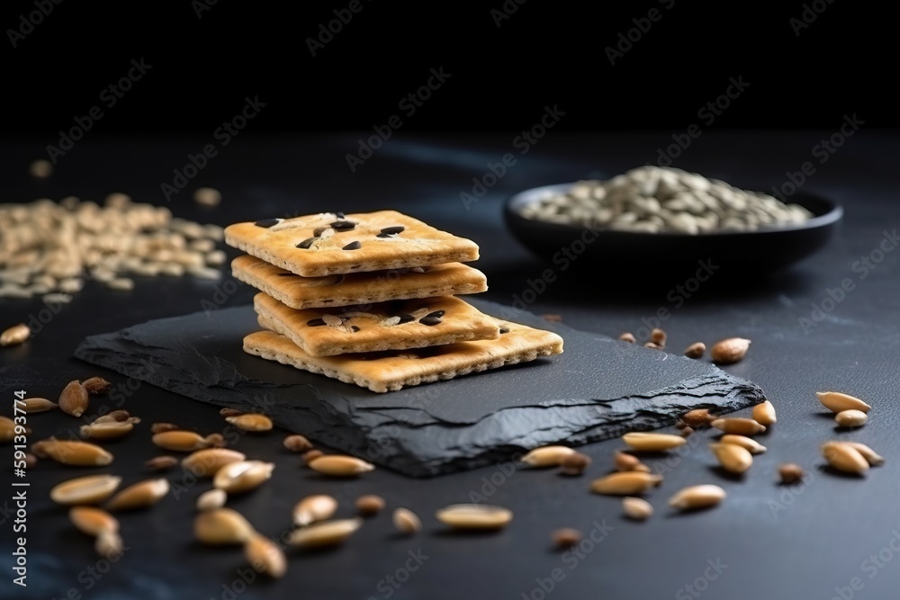  a stack of crackers sitting on top of a black table next to a bowl of seeds and a black plate of oa