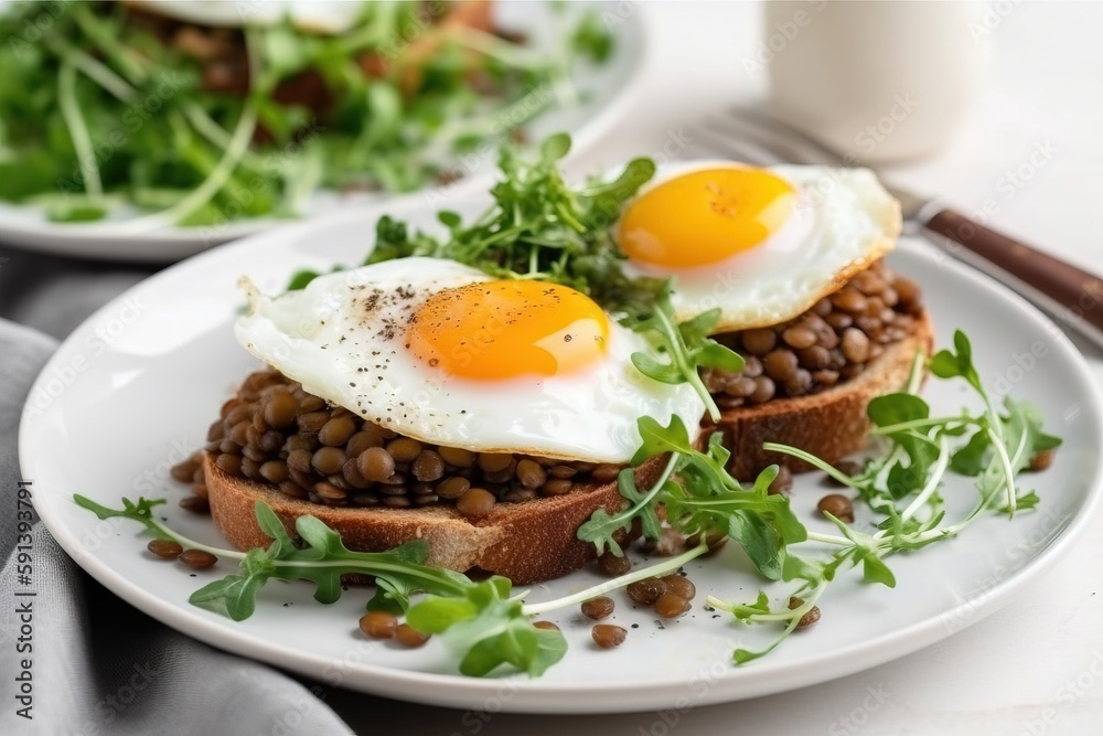  a plate of food with eggs and lentils on it next to a glass of milk and a fork on a white tableclot