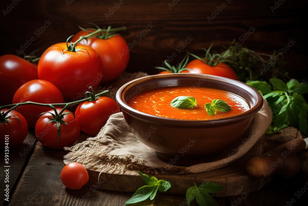  a bowl of tomato soup on a wooden table with tomatoes and basil around it and a bunch of tomatoes o