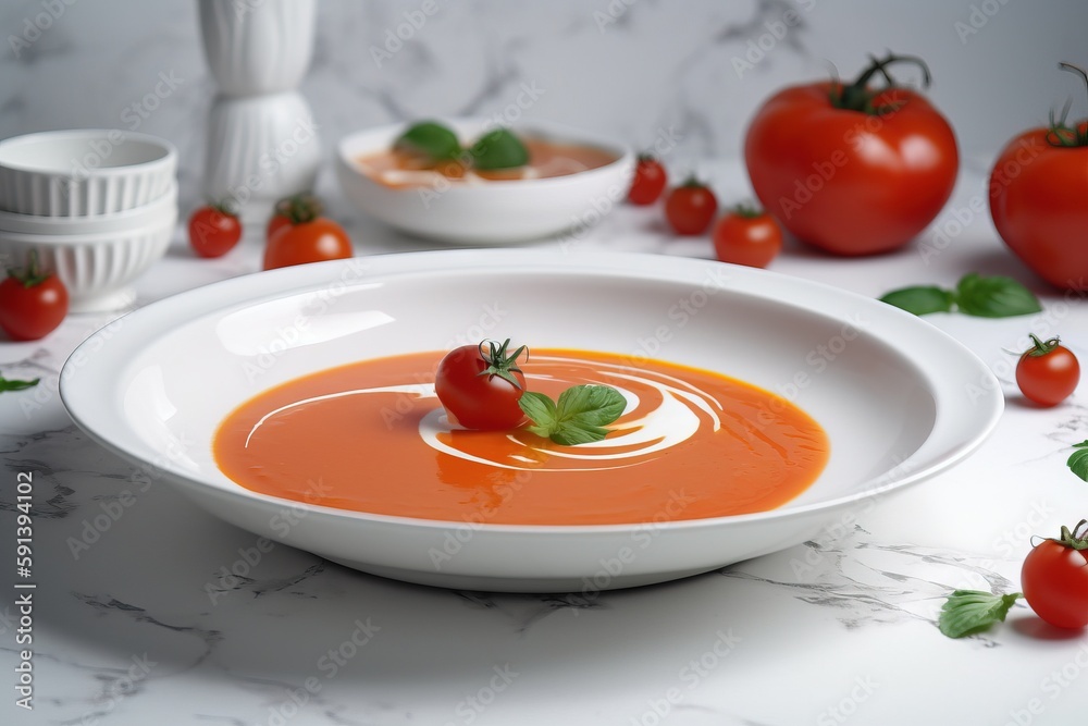  a bowl of tomato soup on a marble table with tomatoes around it and a white bowl with a tomato on t