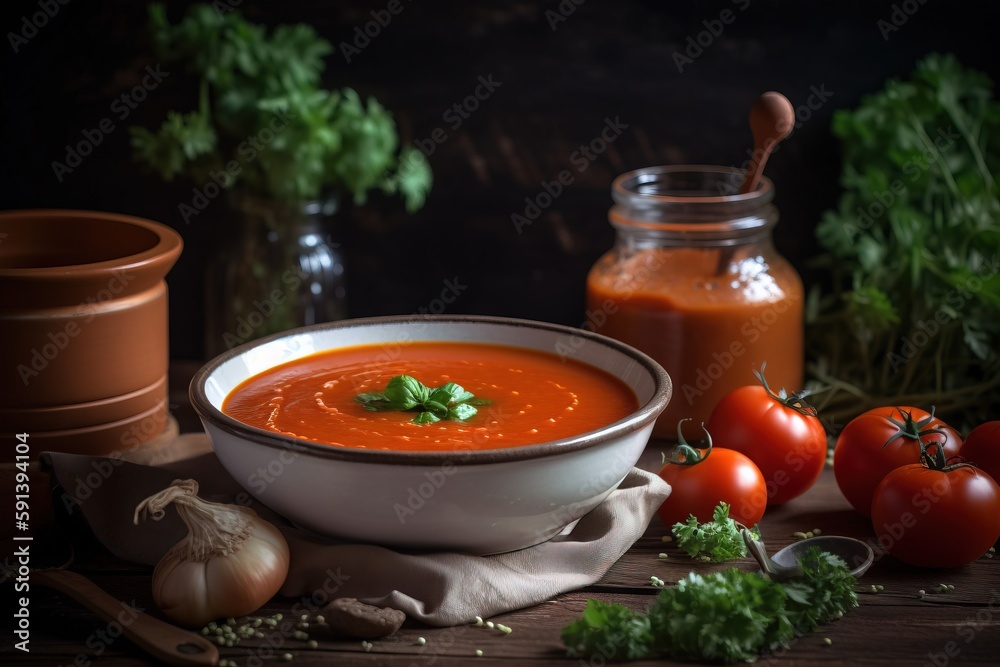  a bowl of tomato soup next to some tomatoes, garlic, garlic, and a jar of dressing on a table with 