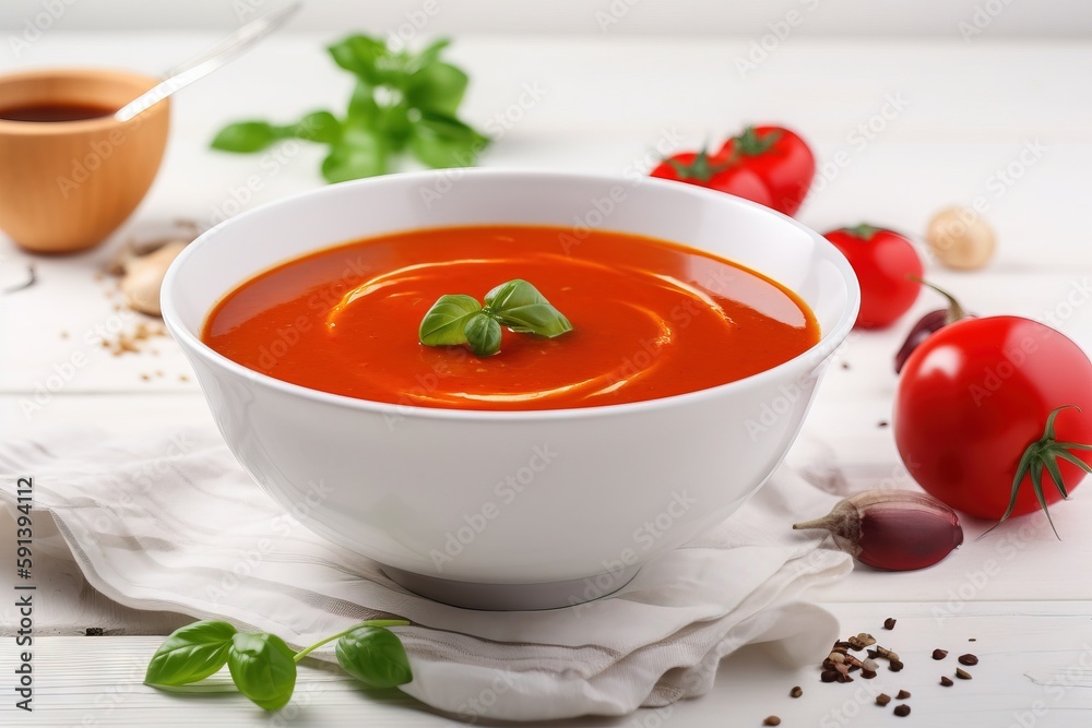  a white bowl of tomato soup on a white cloth with tomatoes and basil on the side of the bowl and a 