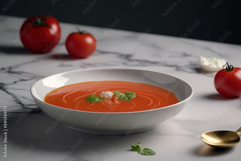  a bowl of tomato soup on a marble table with spoons and tomatoes on the side of the bowl and a marb