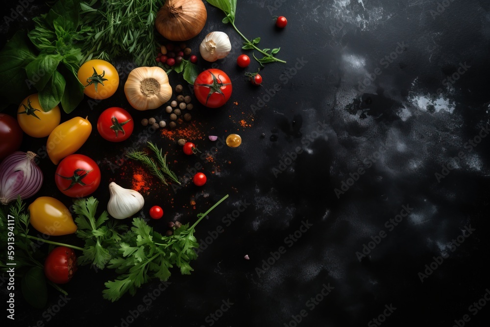  a variety of vegetables on a black surface with a dark background with a place for a text or a pict