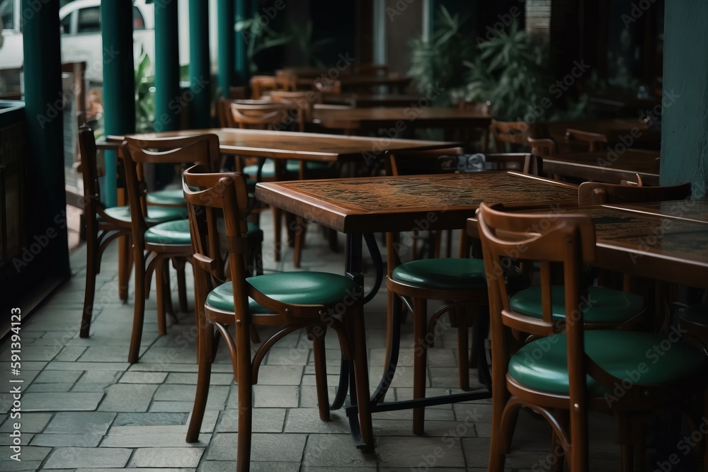  a row of wooden tables and chairs sitting on a tiled floor next to a green columned wall with a win