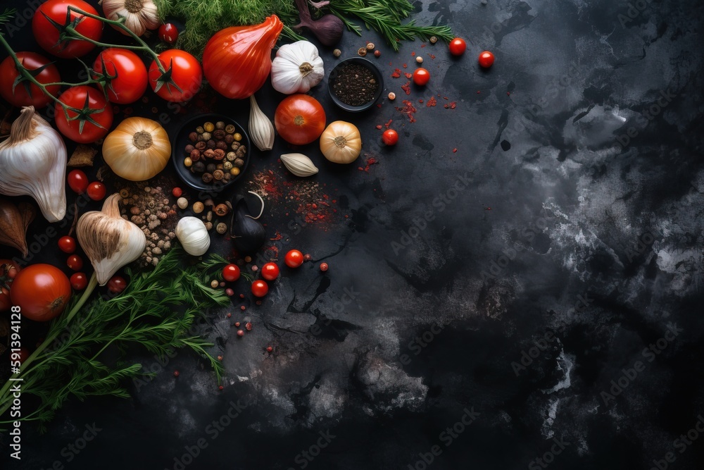  a bunch of different types of vegetables on a black surface with a dark background with a place for