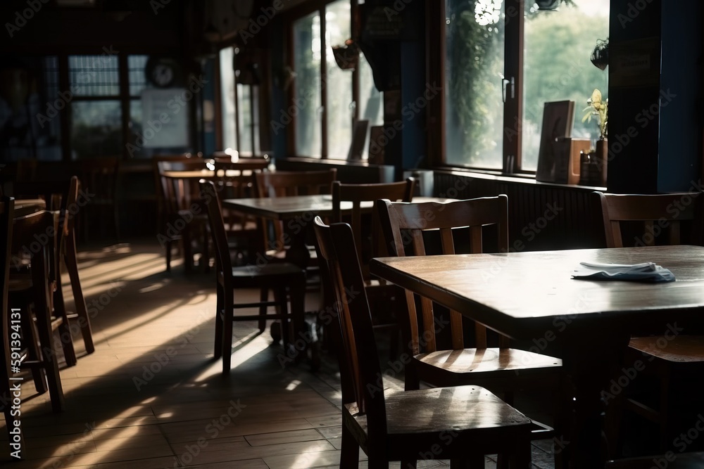  a table and chairs in a room with large windows and sun shining through the windows on the wall and