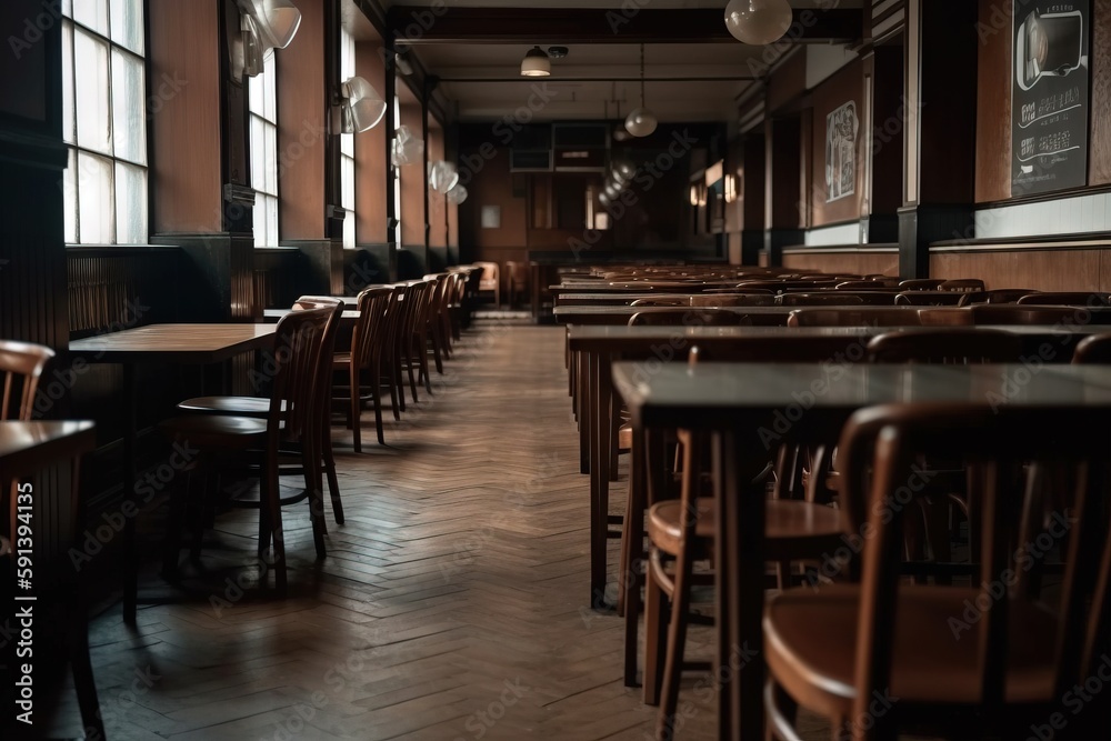  a row of wooden tables and chairs in a room with a wooden floor and a large window with light comin