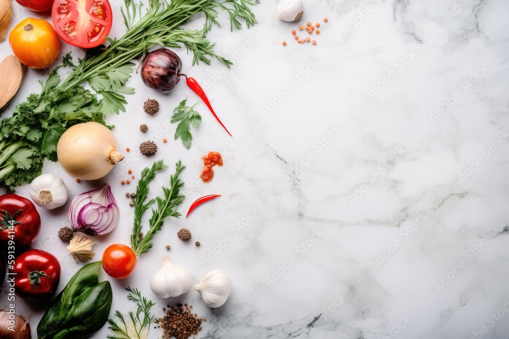  a marble counter top with various vegetables and herbs on it, including tomatoes, onions, garlic, a