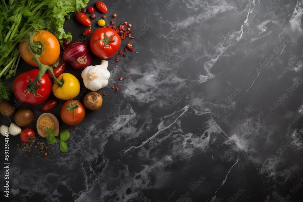  a variety of vegetables on a black marble background with copy - space for text or image, top view 