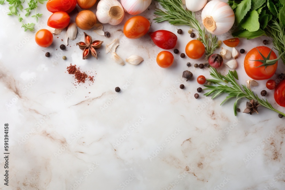  a marble table topped with lots of different types of vegetables and spices on top of each other, i