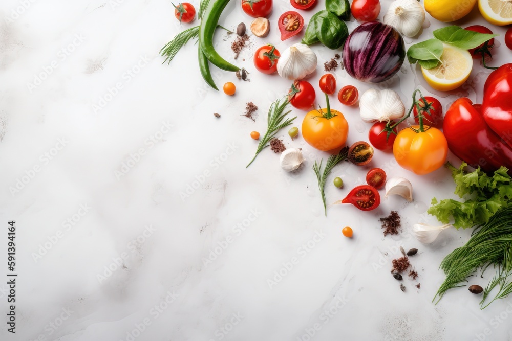  a variety of fresh vegetables on a white marble counter top with a white marble surface in the midd