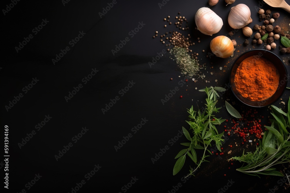  spices and herbs on a black background with a spoon and a spoon rest on the side of the bowl and on