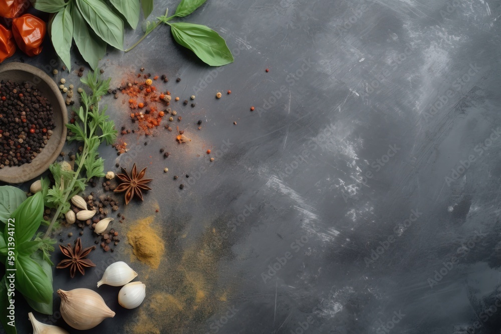  spices and herbs on a dark background with a chalkboard backdrop with space for writing or writing 