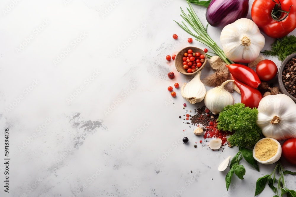  a table topped with lots of different types of vegetables and spices on top of a white counter top 