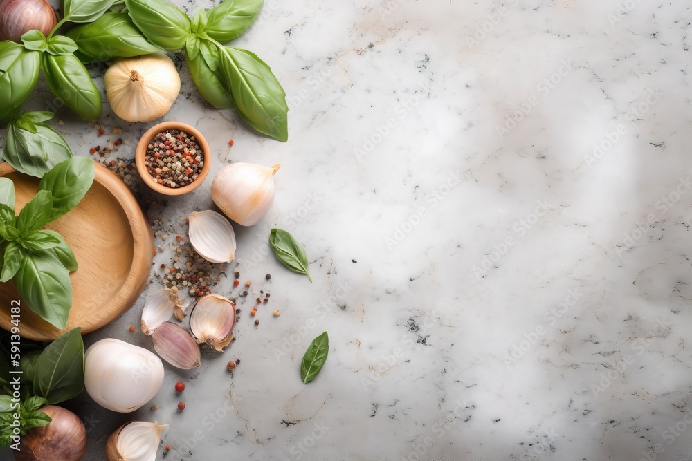  garlic, basil, and garlic oil on a marble counter top with basil leaves and garlic seeds in a woode