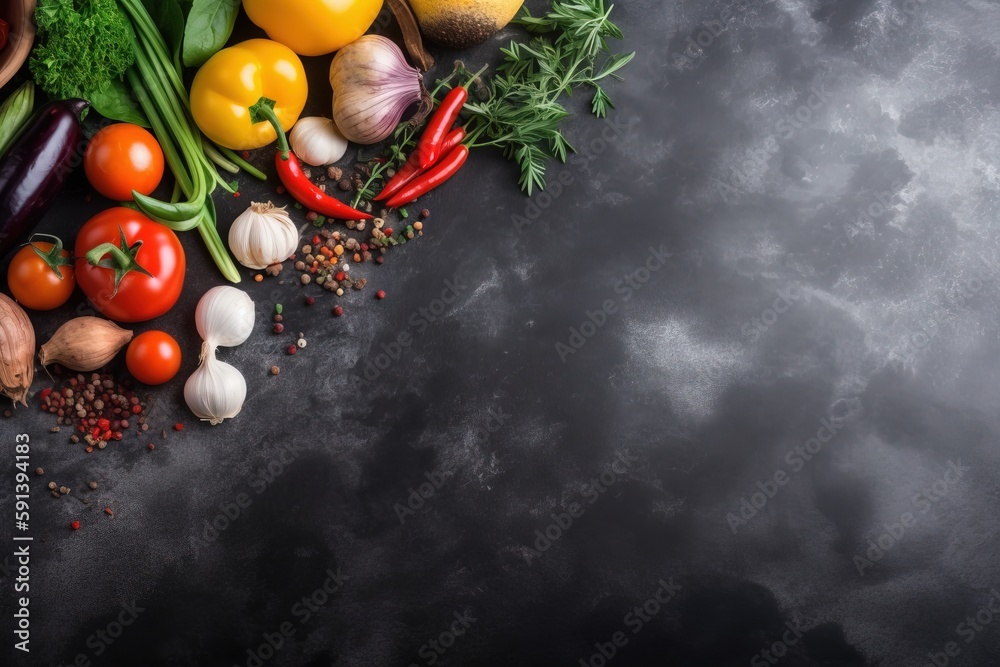  a variety of fresh vegetables on a dark background with space for a text or image, top view, with c