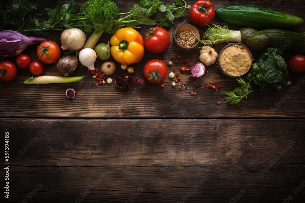  a variety of vegetables on a wooden table with a wooden background with a place for a text or a pic