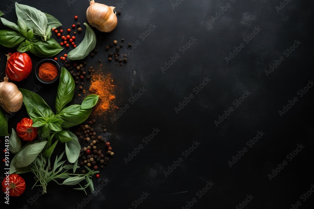  a table topped with lots of different types of vegetables and spices on top of a black surface next