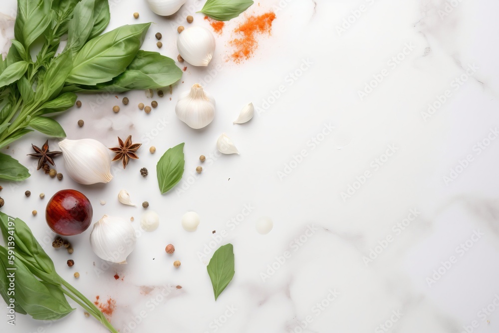  herbs and spices on a white marble countertop with a red pepper, garlic, and anise on top of the co