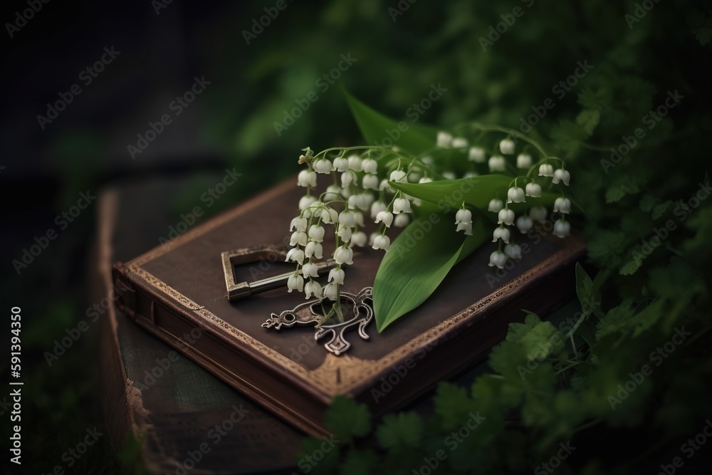  a bunch of flowers sitting on top of a book next to a bunch of keys and a bunch of flowers on top o