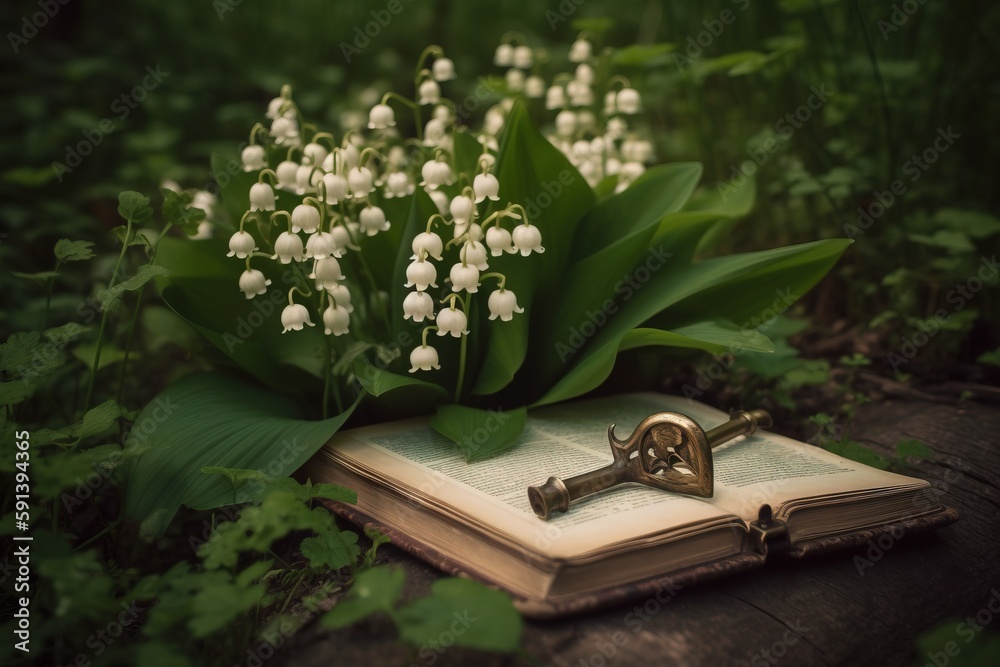  a book with a key on top of it sitting on a table in the woods with flowers in the foreground and a