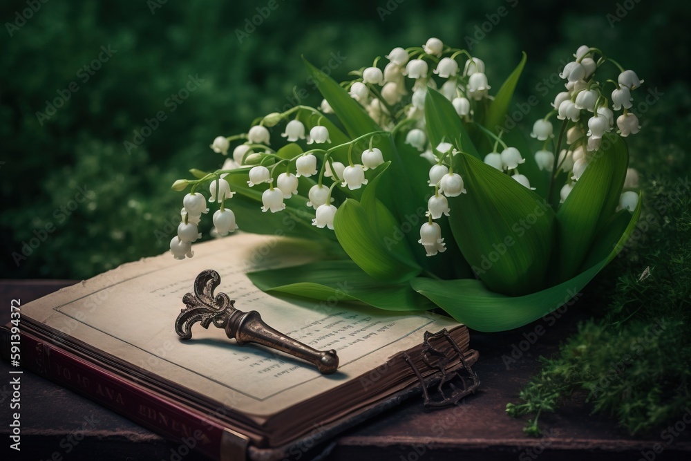  a book with a key and flowers on it sitting on a table next to a book with a key on it and a bunch 