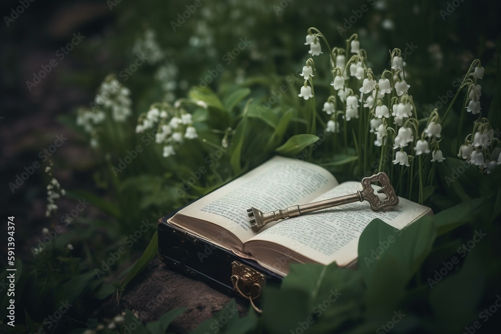  an open book with a key laying on top of it in a field of flowers and grass with a bunch of flowers