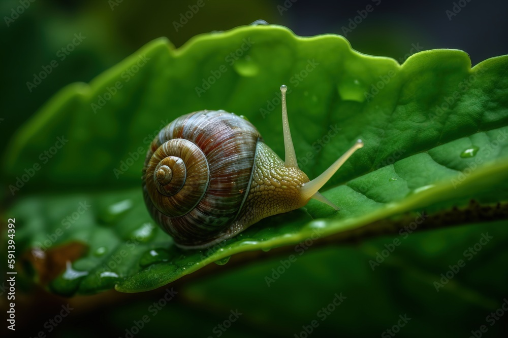  a snail sitting on a green leaf with drops of water on its back end and its shell partially submer