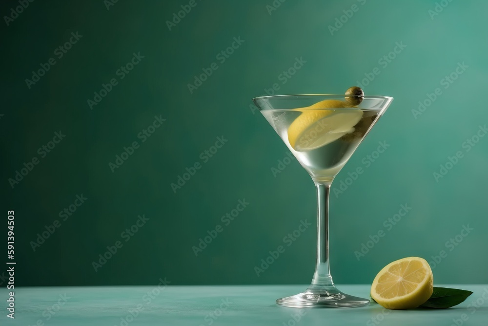  a martini glass with a lemon wedge and a slice of lemon on the rim of it, on a green background, wi